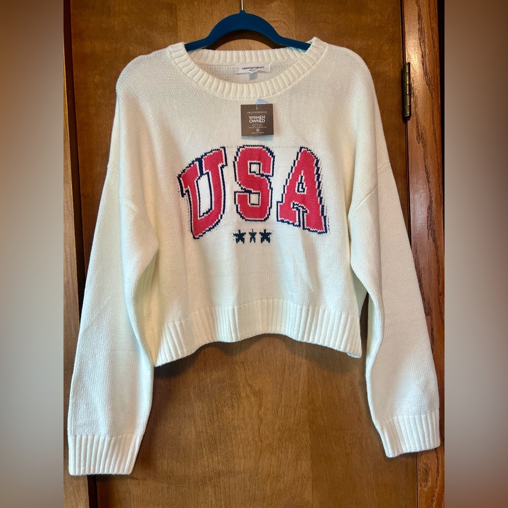 Grayson Threads USA Boxy Semi Crop Cream Sweater
